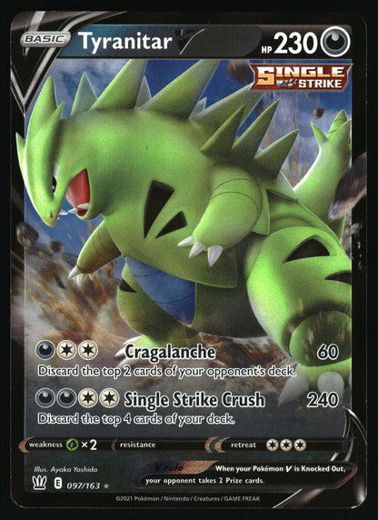 Pokémon trading card featuring Tyranitar with green coloration and detailed design.