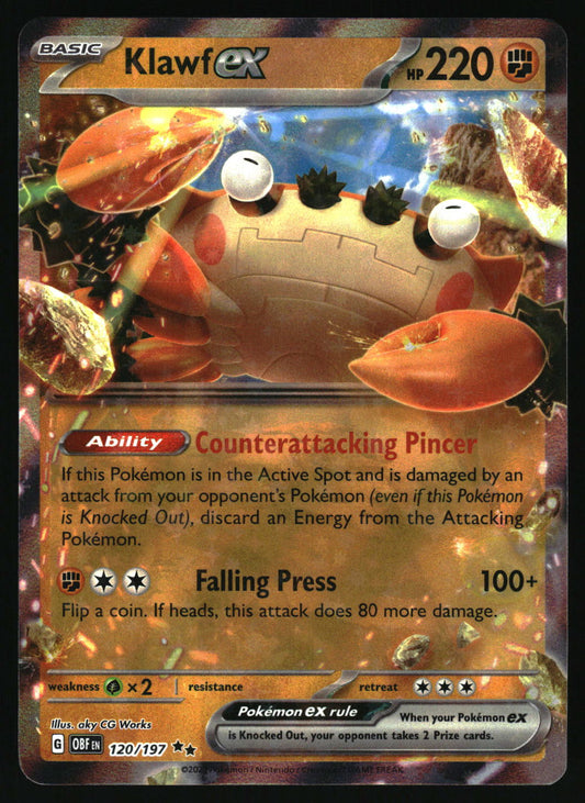 Pokémon card featuring Klawf ex with a colorful background and text