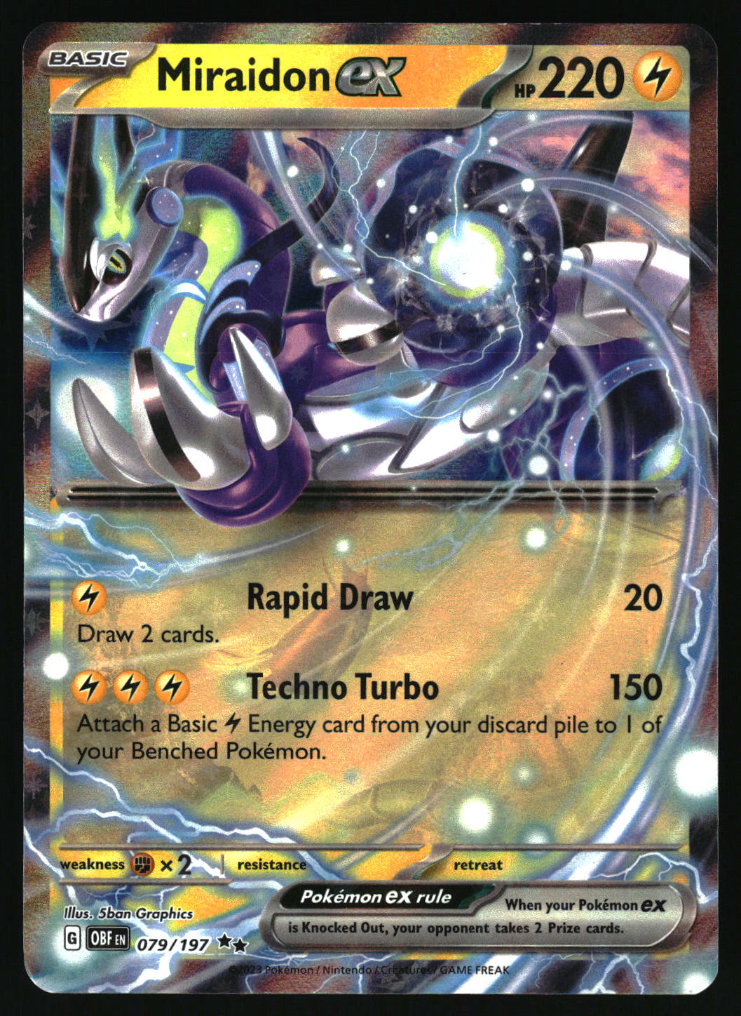 Pokémon trading card featuring Miraidon EX with detailed artwork and text.