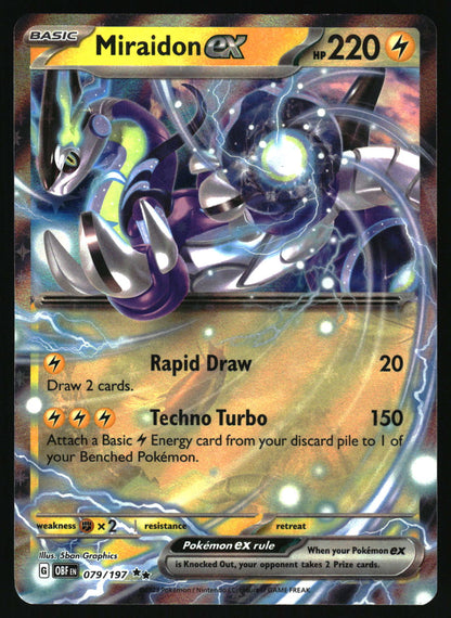 Pokémon trading card featuring Miraidon EX with detailed artwork and text.