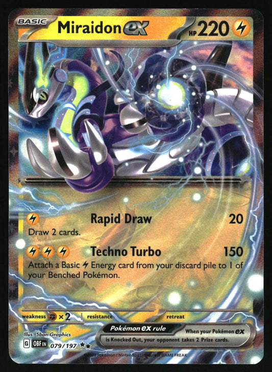 Pokémon trading card featuring Miraidon EX with detailed artwork and text.