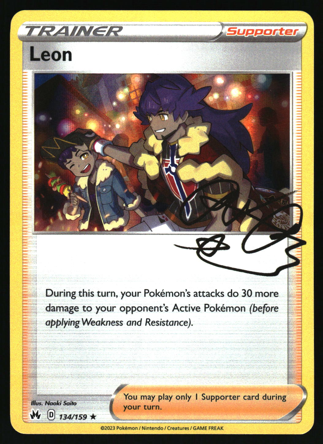 Pokémon trading card featuring a character named Leon with an animated style.