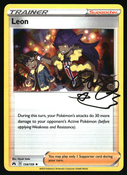 Pokémon trading card featuring a character named Leon with an animated style.