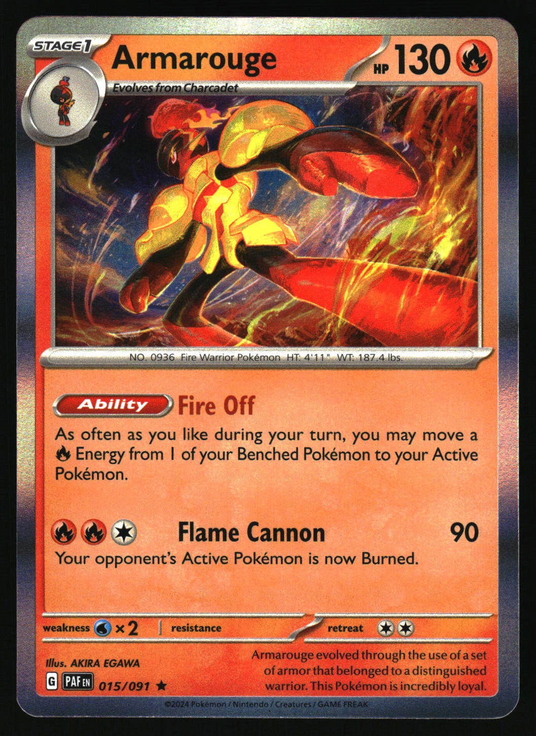 Pokémon trading card featuring Armarouge with fiery design and text.