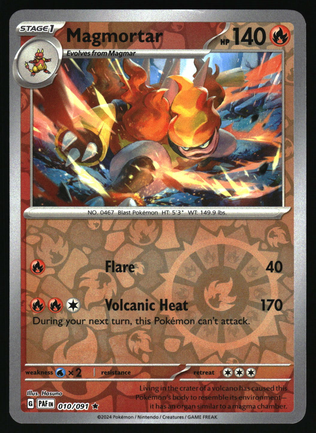 Pokémon card featuring Magmortar with art and text