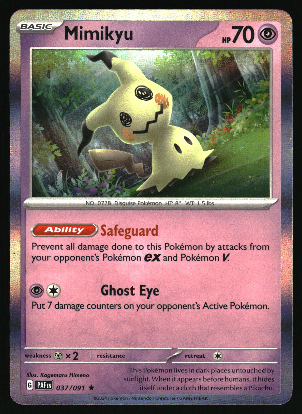 Pokémon trading card featuring Mimikyu with forest background