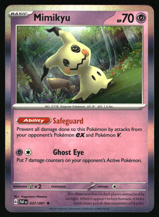 Pokémon trading card featuring Mimikyu with forest background