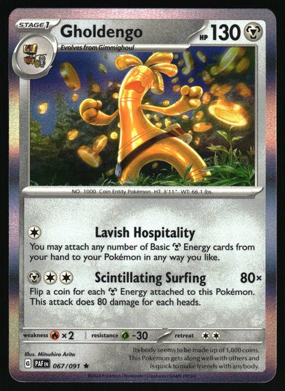 Pokémon trading card featuring Gholdengo with detailed artwork and text.