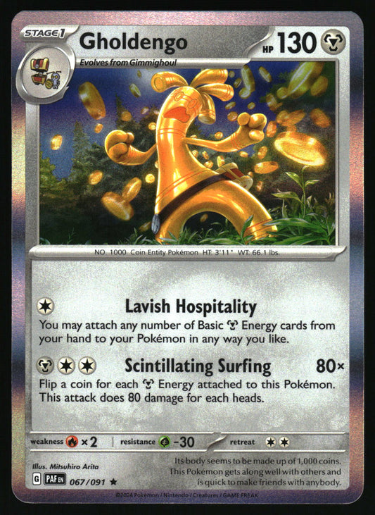 Pokémon trading card featuring Gholdengo with detailed artwork and text.