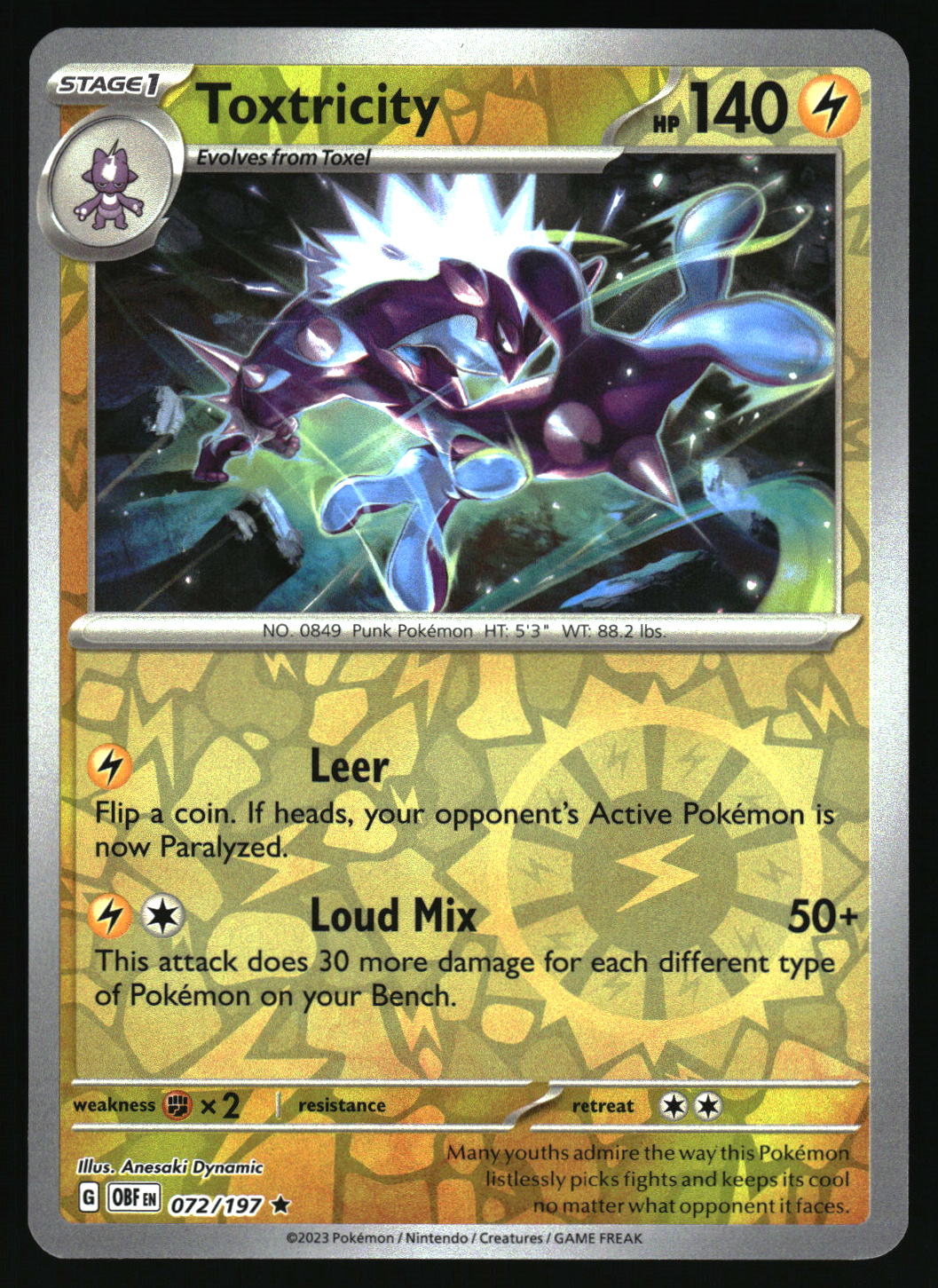 Pokémon trading card featuring Toxtricity with a yellow border and text.
