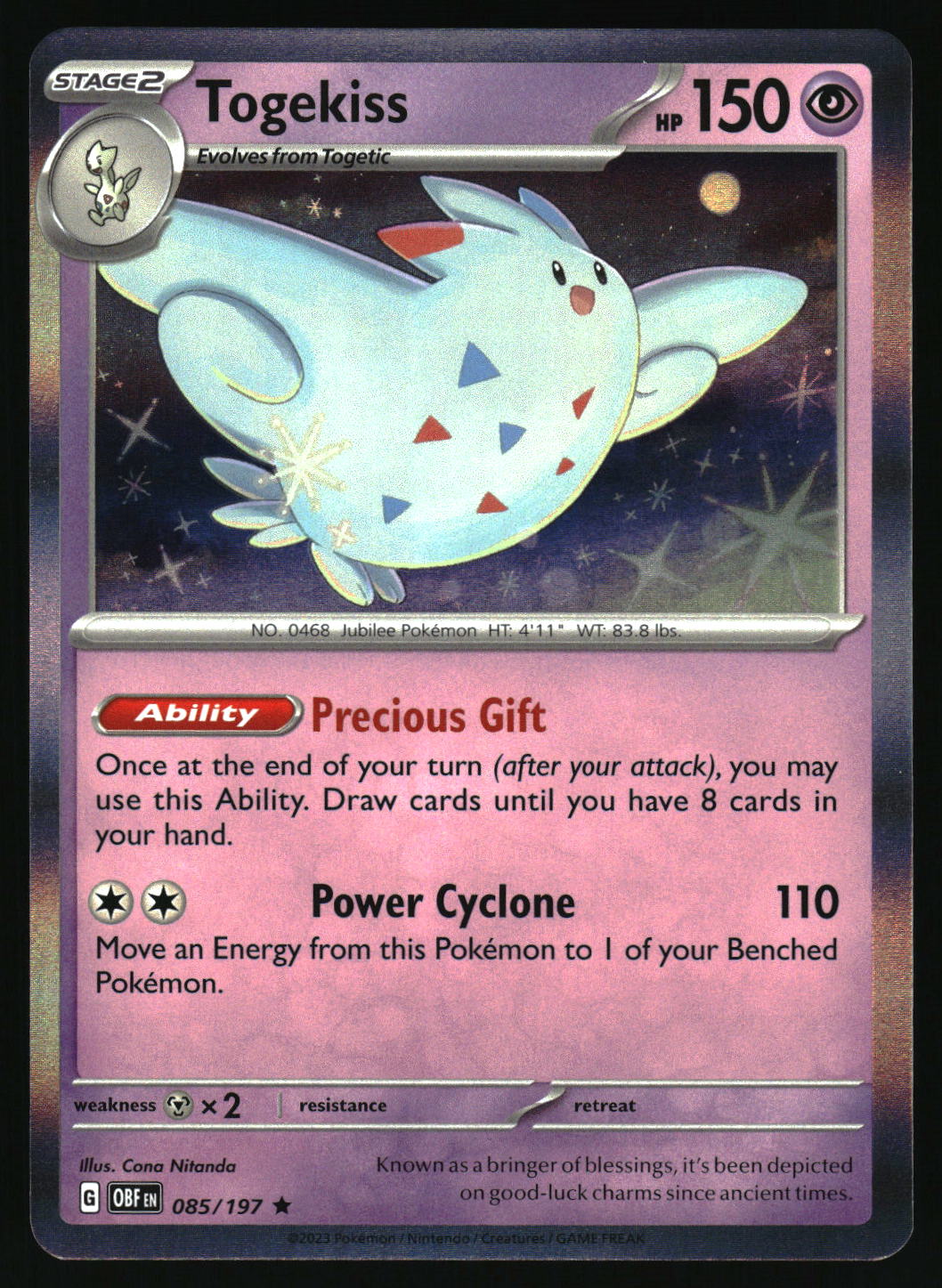 Pokémon trading card featuring Togekiss with detailed text and graphics.