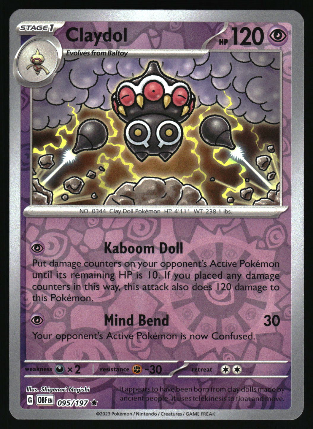 Pokémon trading card featuring Claydol with purple and gray design