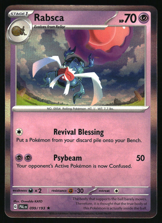 Pokémon trading card featuring Rabsca with artwork and text on a purple background