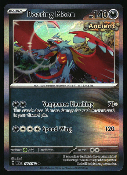 Pokémon card featuring Roaring Moon with colorful background and text