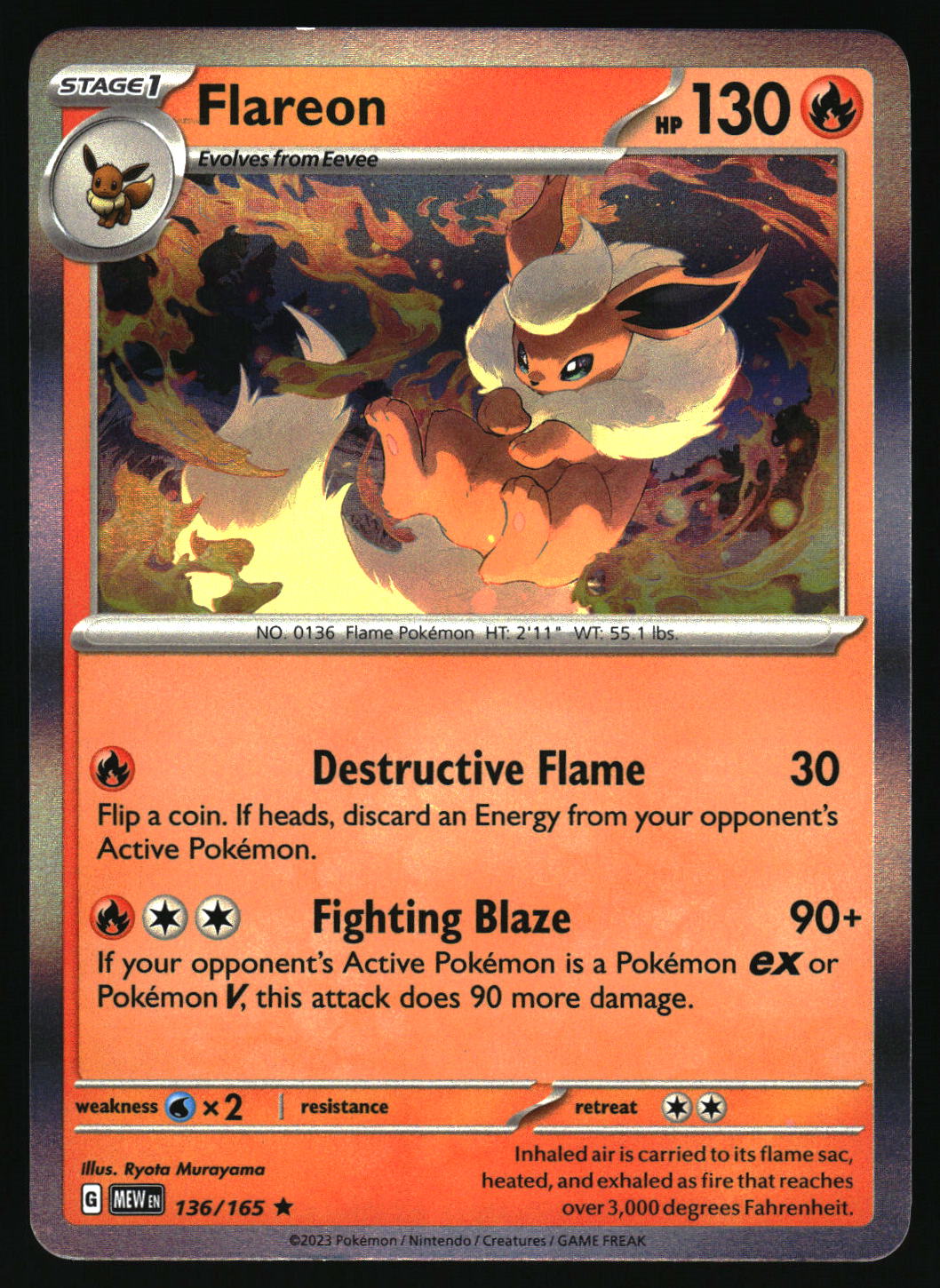 Pokémon trading card featuring Flareon with detailed artwork and text.