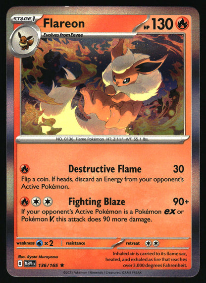 Pokémon trading card featuring Flareon with detailed artwork and text.