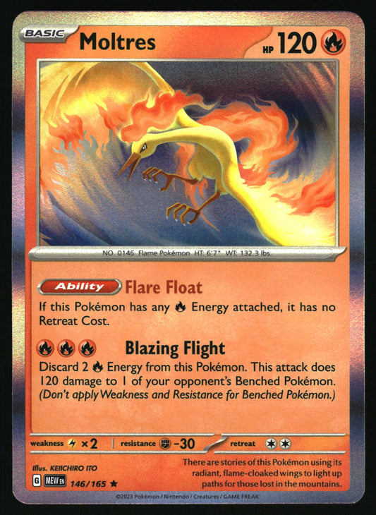 Pokémon trading card featuring Moltres with detailed artwork and text.