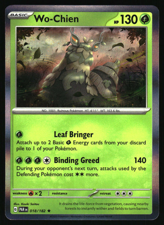 Pokémon trading card featuring Wo-Chien with green border and artwork