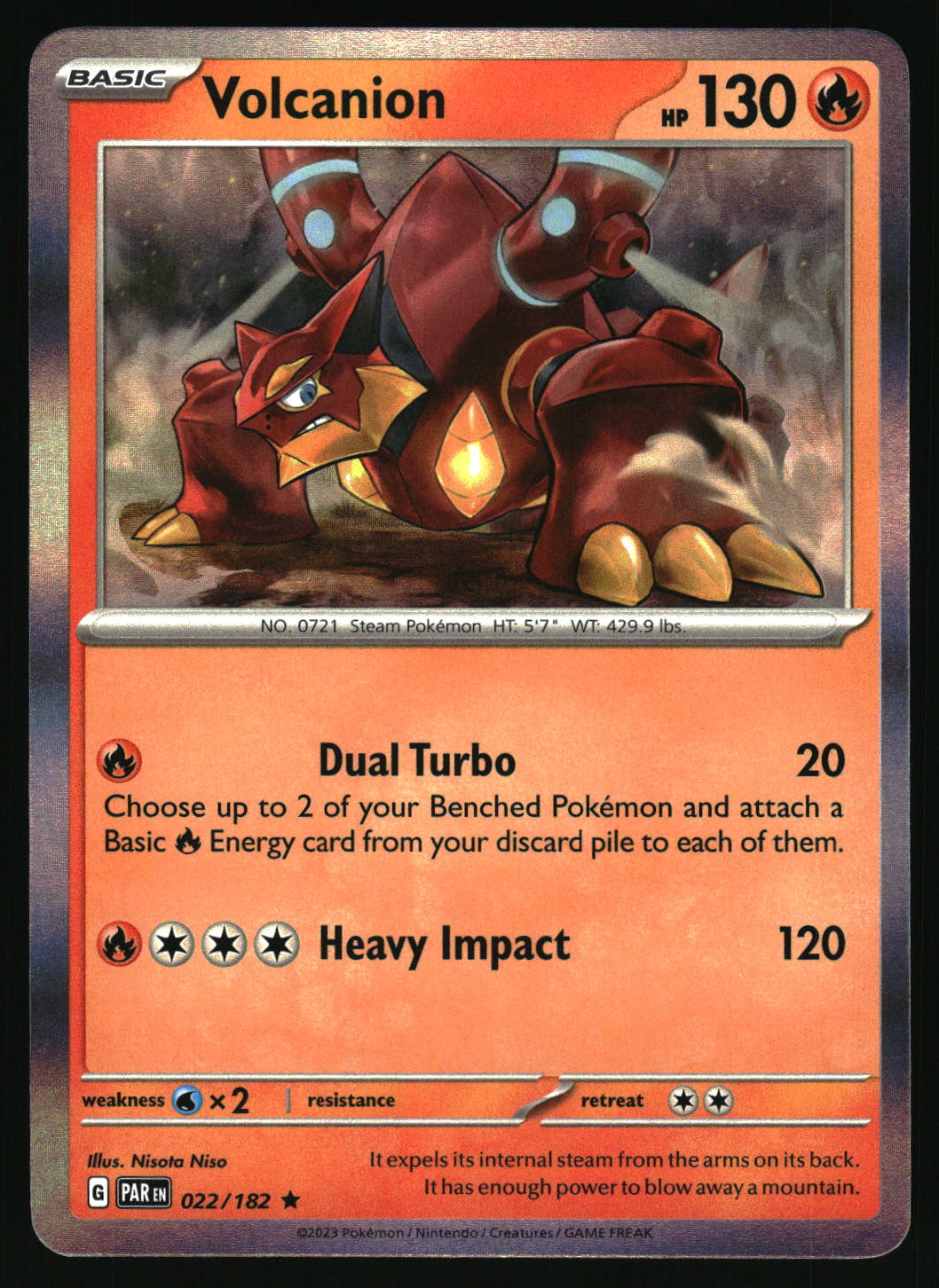 Pokémon trading card featuring Volcanion with orange border and text.