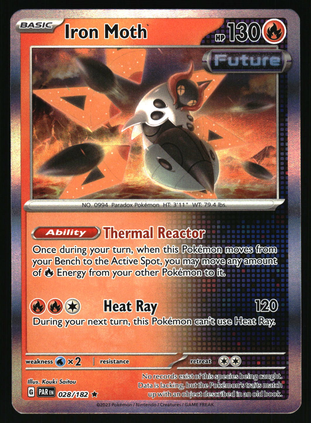 Pokémon trading card featuring Iron Moth with fiery background