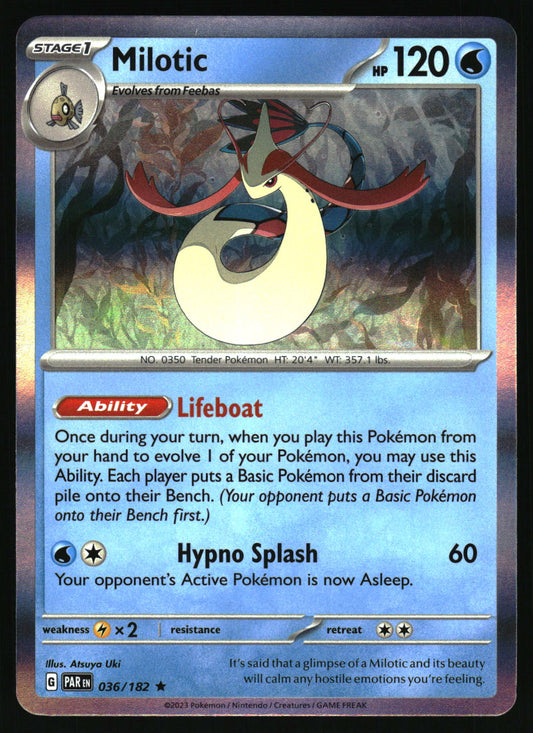 Pokémon trading card featuring Milotic with detailed artwork and text.