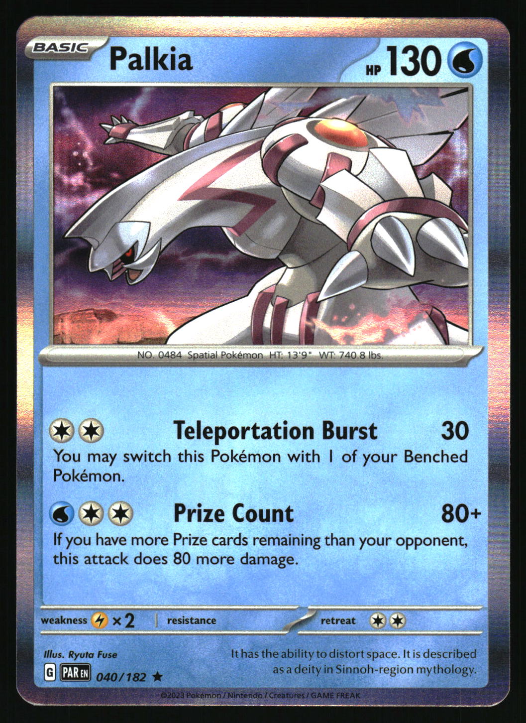Pokémon trading card featuring Palkia with detailed artwork and text.