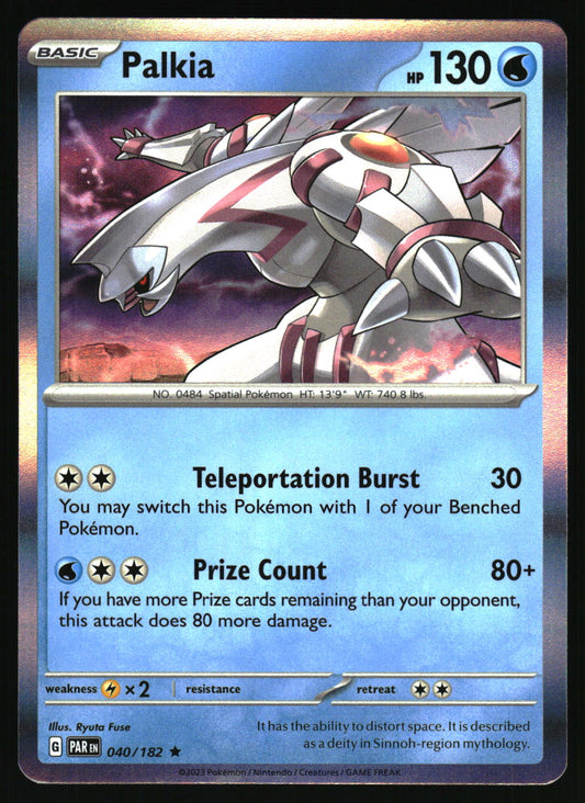 Pokémon trading card featuring Palkia with detailed artwork and text.