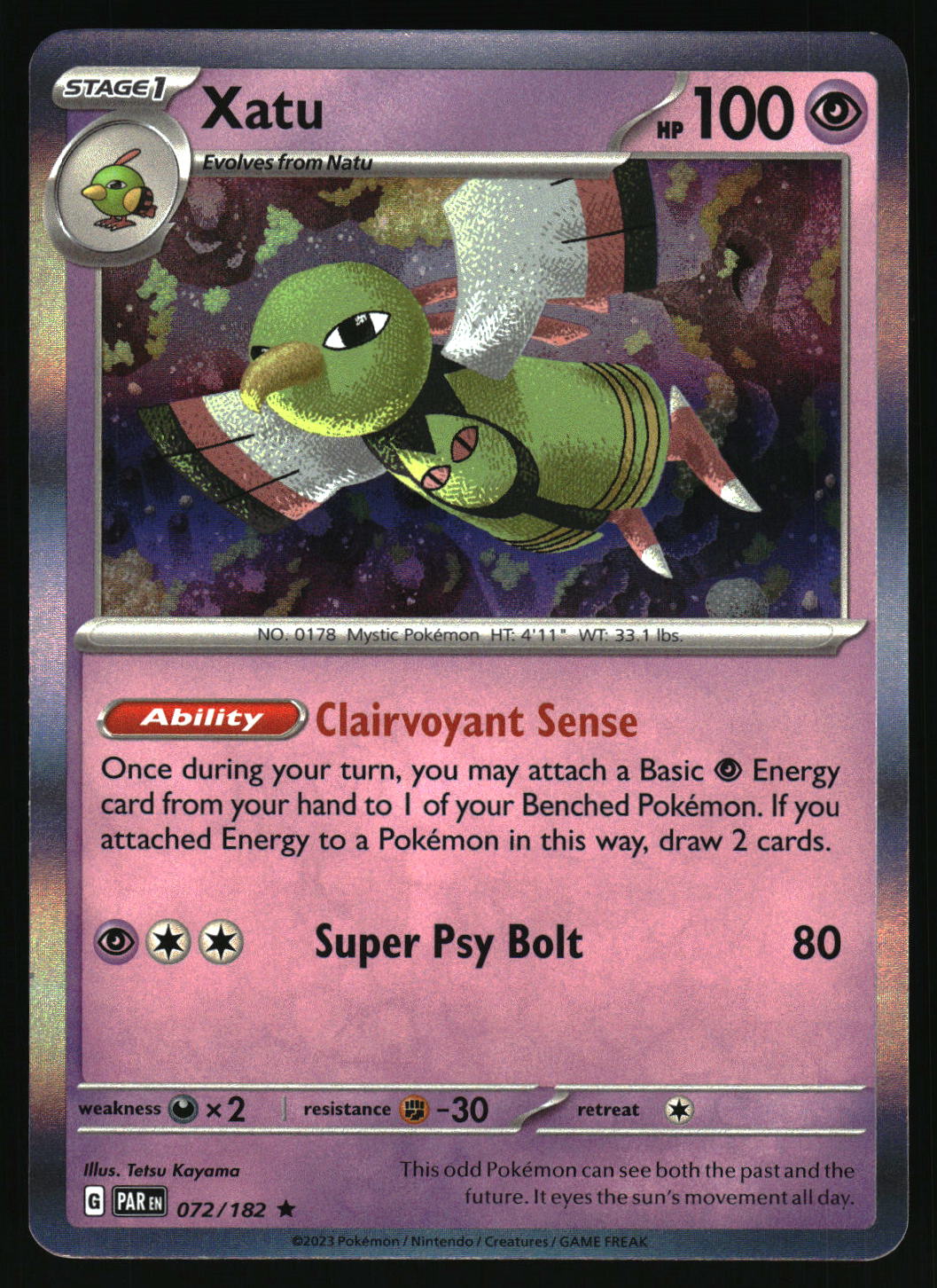 Pokémon trading card featuring Xatu with a colorful background