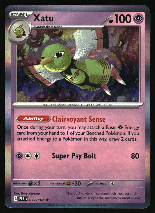 Pokémon trading card featuring Xatu with a colorful background