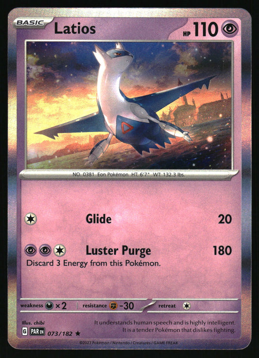 Pokémon trading card featuring Latios with a pink and purple gradient background