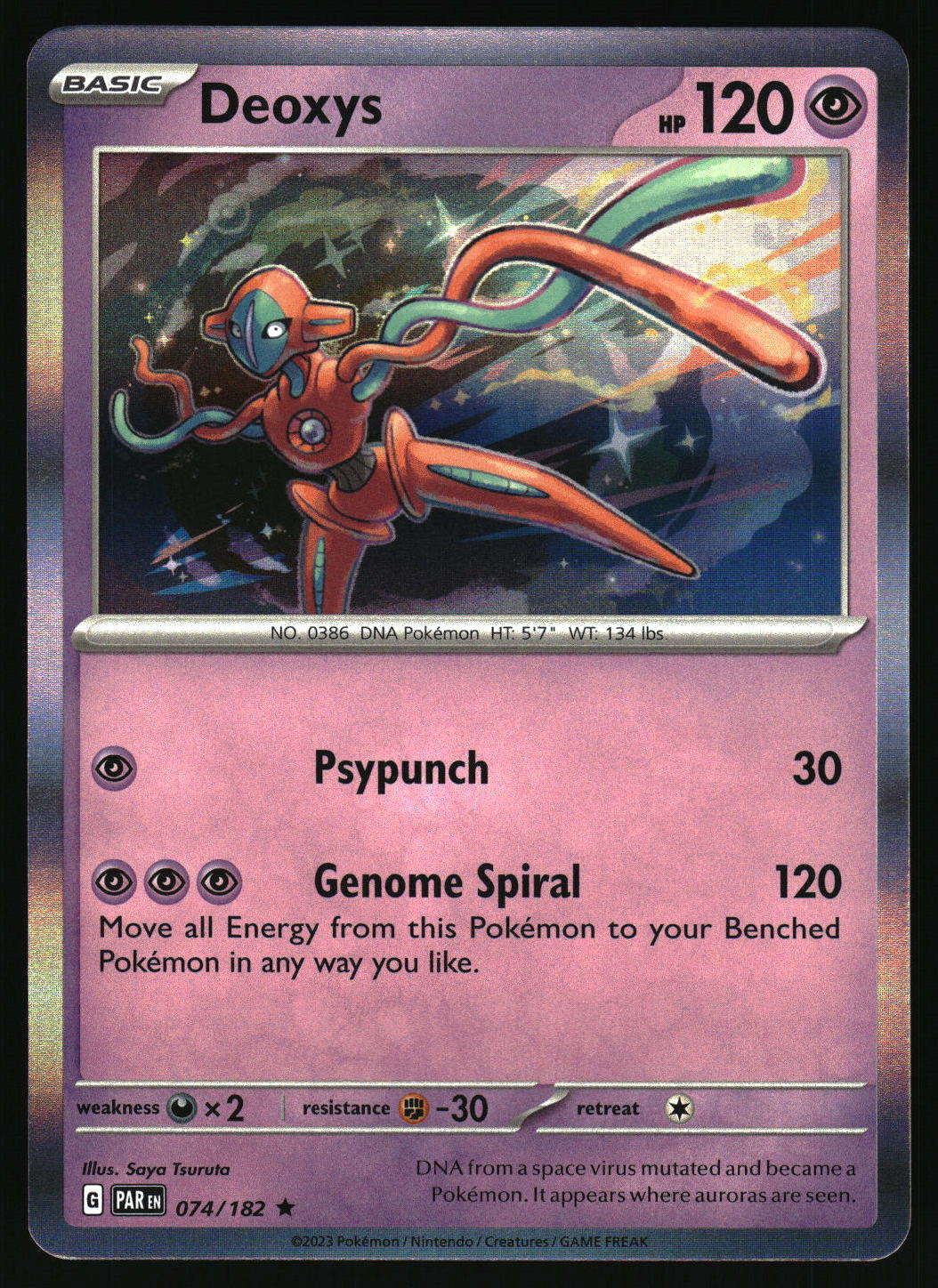 Pokémon trading card featuring Deoxys with its artwork and stats.