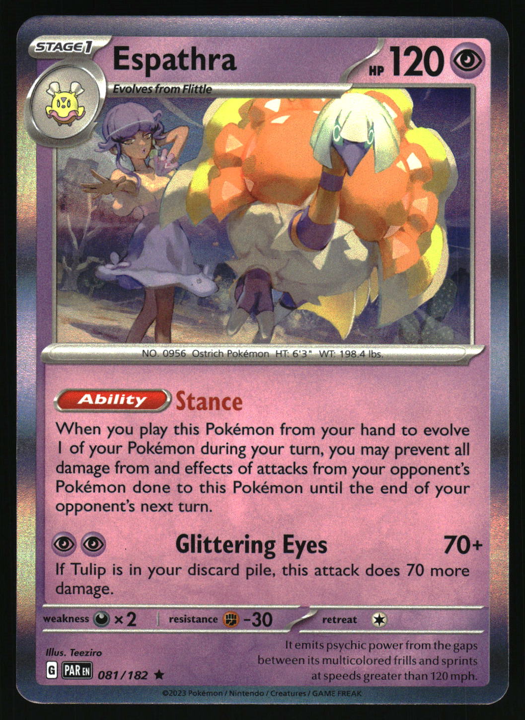 Pokémon trading card featuring Espathra with artwork and details.