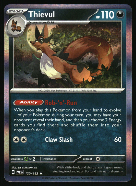 Pokémon trading card featuring Thievul with fox-like creature illustration