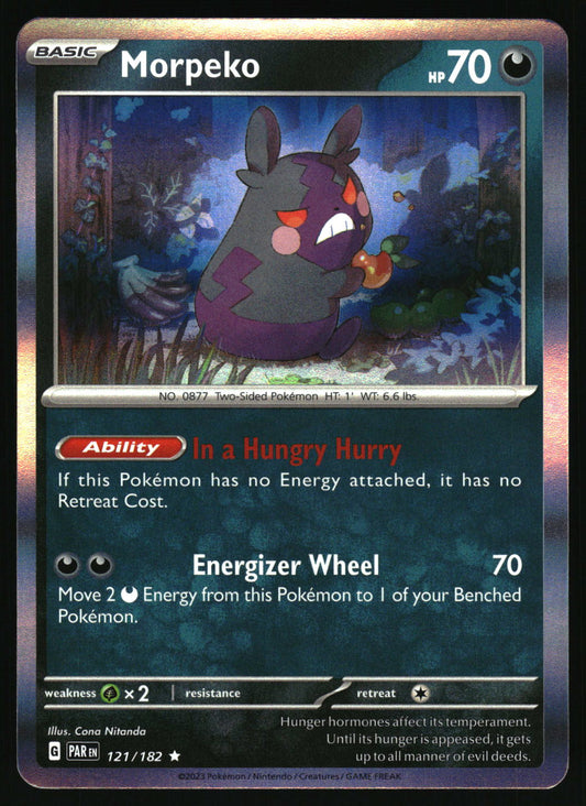 Pokémon trading card featuring Morpeko with game details and artwork.