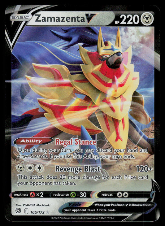 Pokémon trading card featuring Zamazenta V with detailed artwork and text.