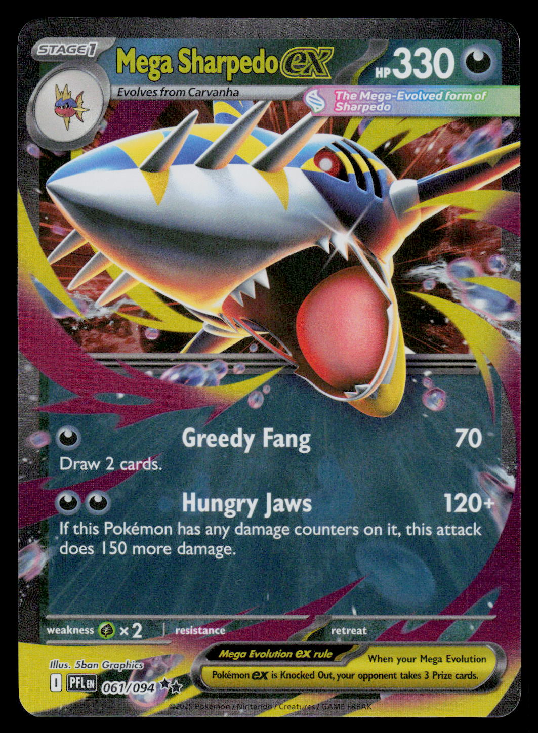 Pokémon trading card featuring Mega Sharpedo EX with colorful design and text.