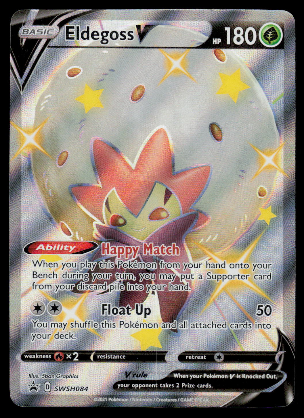 Pokémon trading card featuring Eldegoss with its abilities and stats.