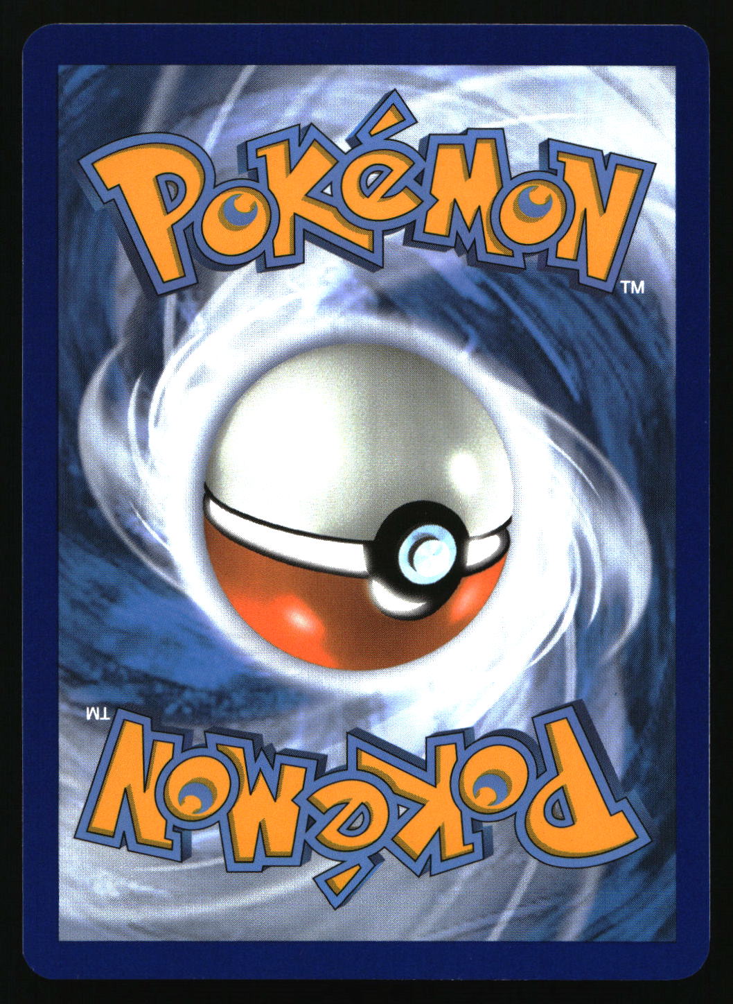 Pokémon trading card back featuring the classic orange and blue logo text over a swirling blue and white background with a large Pokéball centered in the design.