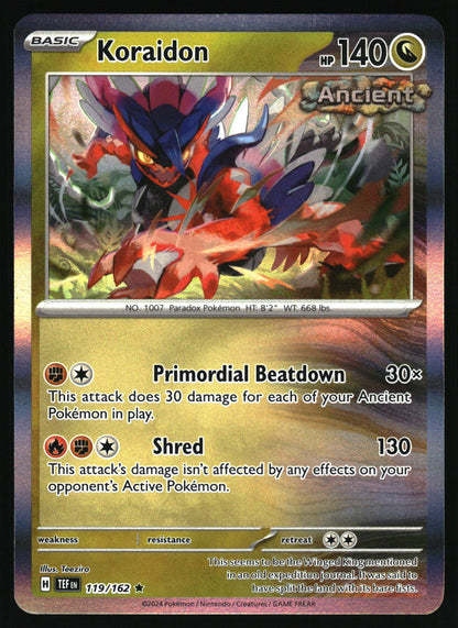 A single Pokémon trading card for Koraidon from the Basic set, featuring artwork of the red and blue dragon-like Pokémon and card text including 'Primordial Beatdown' and 'Shred'.