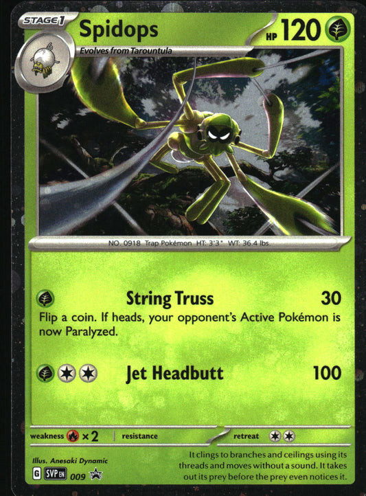 A Pokémon trading card for Spidops, featuring a green and yellow insect design with the character name at the top and attack text including String Truss and Jet Headbutt.