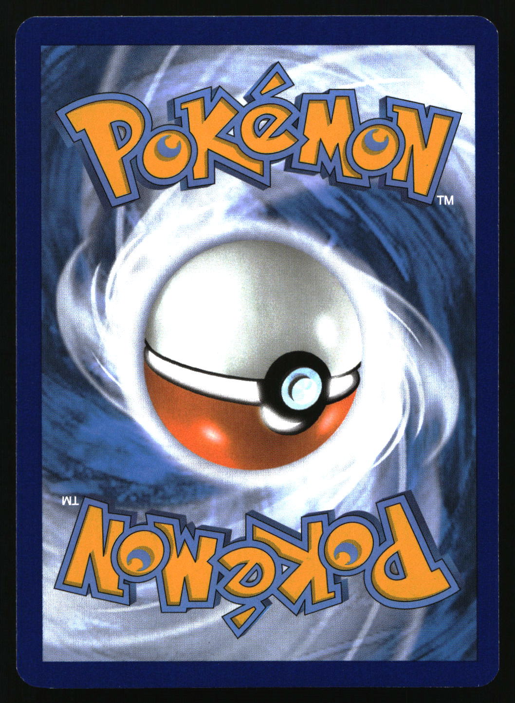 A Pokémon card back featuring the Pokémon logo in orange and blue at the top, a Pokéball centered in a swirling blue-and-white design, and the Pokémon logo upside down at the bottom.