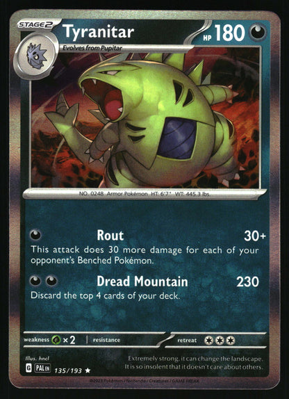 A single Pokémon trading card for Tyrantar from the Paldean Fates expansion, featuring a green armored creature illustration, Stage 2 type indicator, and attack text including Rout and Dread Mountain.