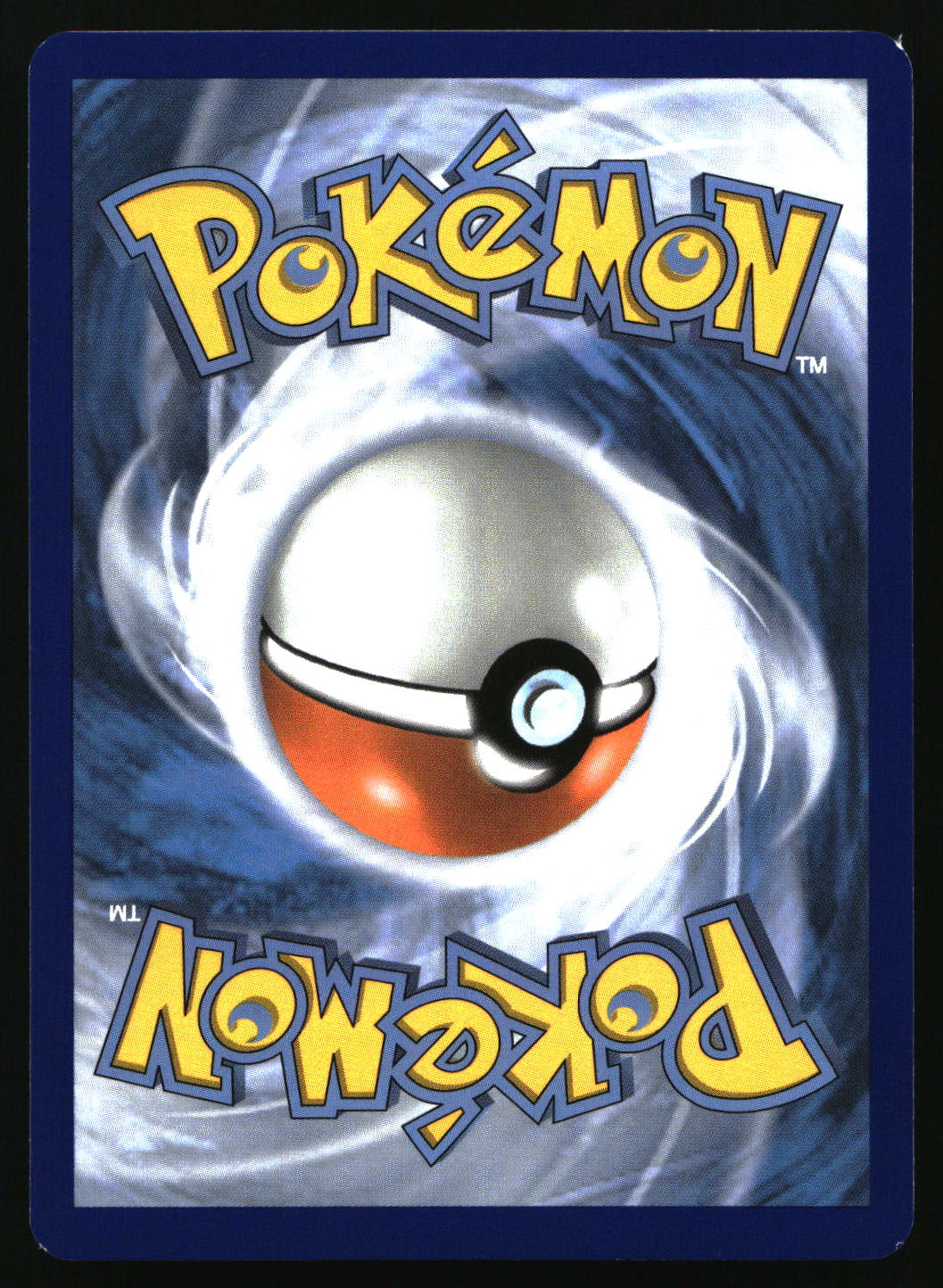 Pokémon trading card back featuring the classic yellow Pokémon logo at the top and bottom, with a large Pokéball centered over a swirling blue and white background.
