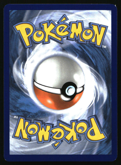 Pokémon trading card back featuring the classic yellow Pokémon logo at the top and bottom, with a large Pokéball centered over a swirling blue and white background.