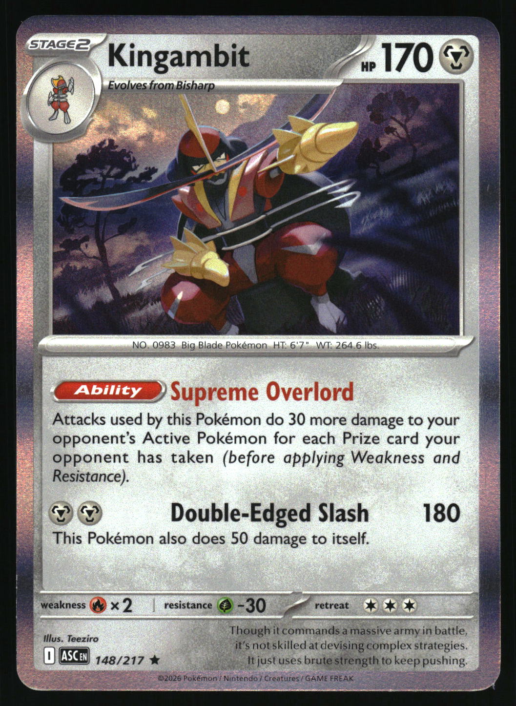 A single Pokémon trading card for Kingambit from the Silver Tempest expansion, featuring artwork of the character in a red and gold armored suit against a dark purple background. The card includes standard game text boxes and a holographic border.
