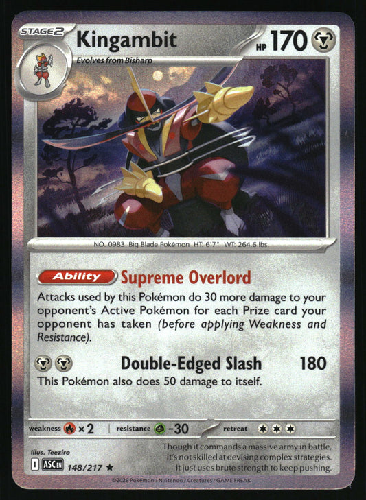 A single Pokémon trading card for Kingambit from the Silver Tempest expansion, featuring artwork of the character in a red and gold armored suit against a dark purple background. The card includes standard game text boxes and a holographic border.