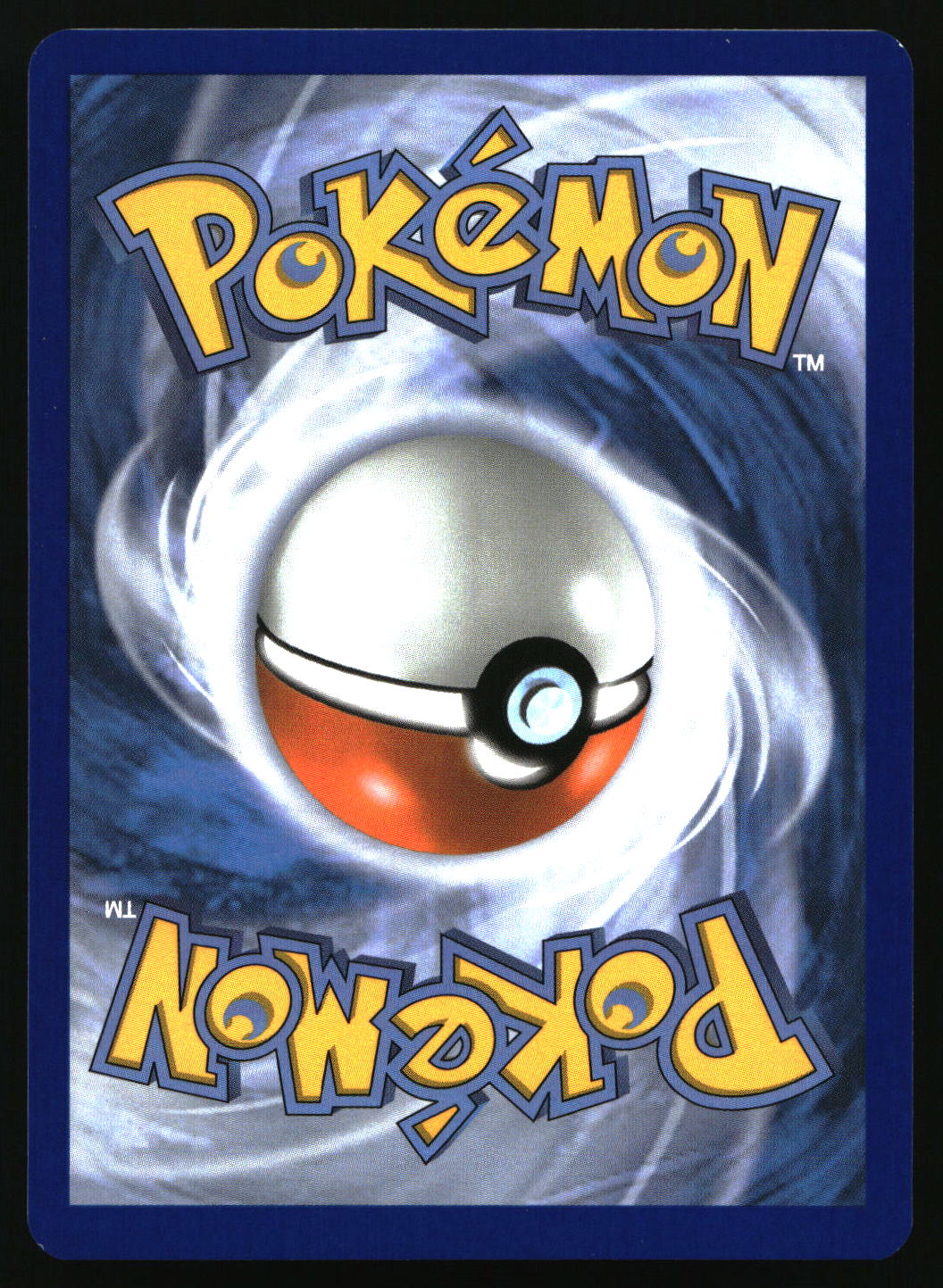 A Pokémon card back featuring the yellow Pokémon logo at the top and bottom, with a large Pokémon Ball centered over a swirling blue and white background.