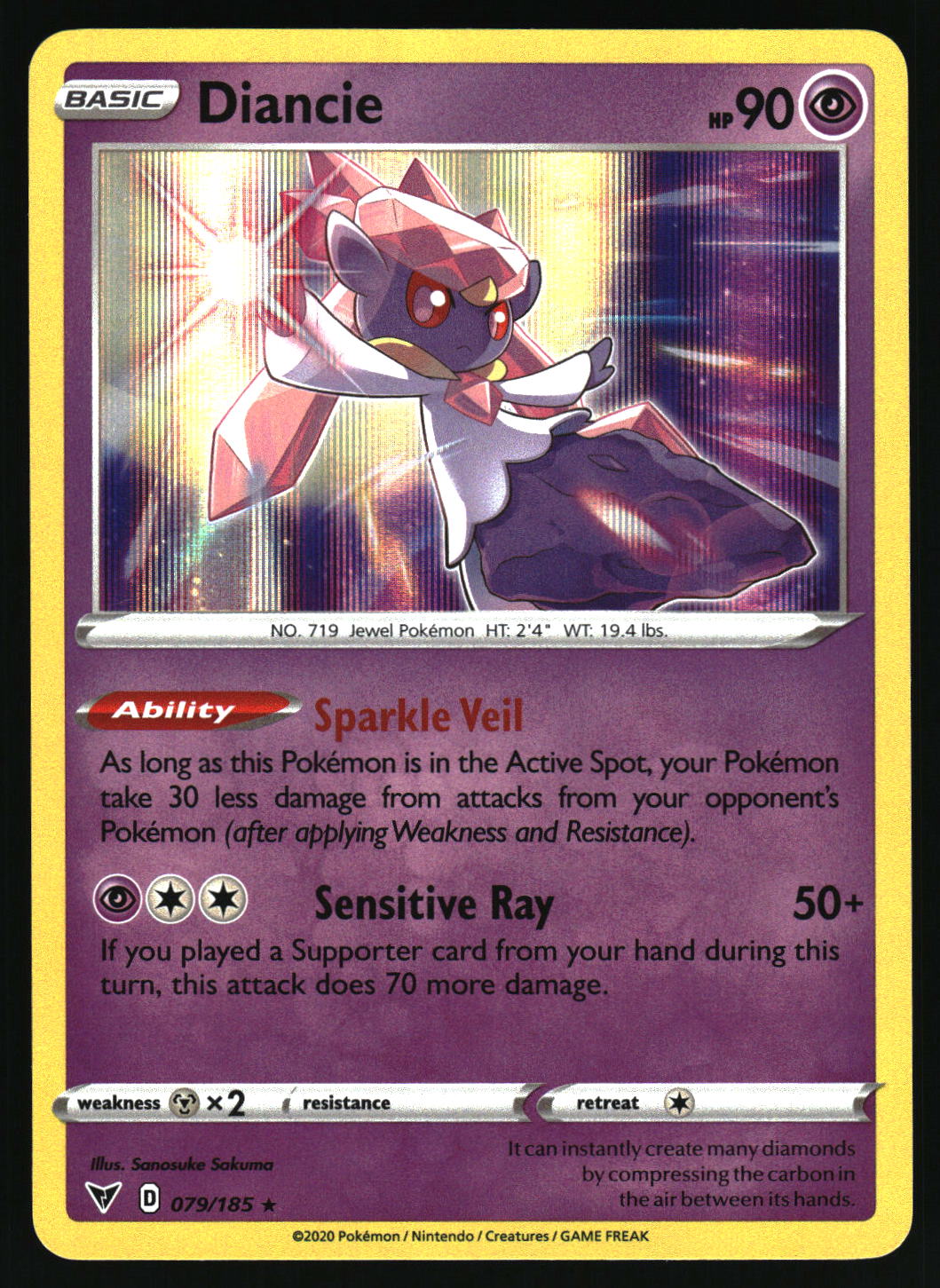 A single Pokémon trading card for Diancie from the Crystal Formations expansion, featuring the character in a pink and white crystal-like form against a purple and gold background. The card has a yellow border and text boxes for Ability and Sensitive Ray.