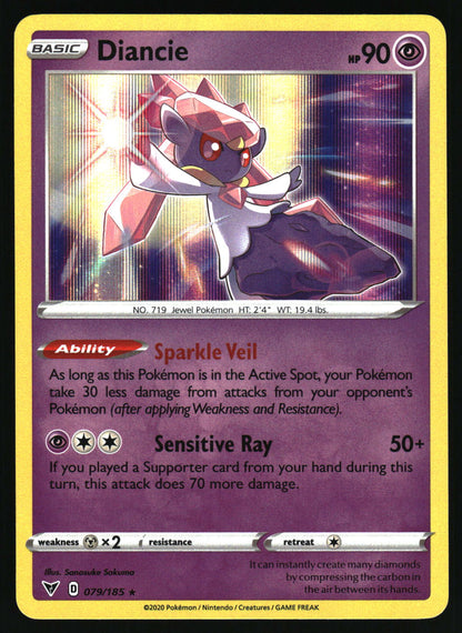 A single Pokémon trading card for Diancie from the Crystal Formations expansion, featuring the character in a pink and white crystal-like form against a purple and gold background. The card has a yellow border and text boxes for Ability and Sensitive Ray.
