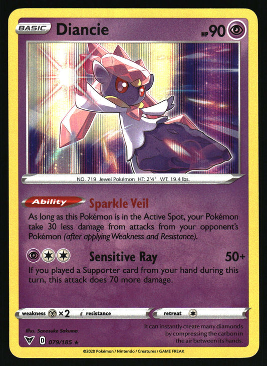 A single Pokémon trading card for Diancie from the Crystal Formations expansion, featuring the character in a pink and white crystal-like form against a purple and gold background. The card has a yellow border and text boxes for Ability and Sensitive Ray.